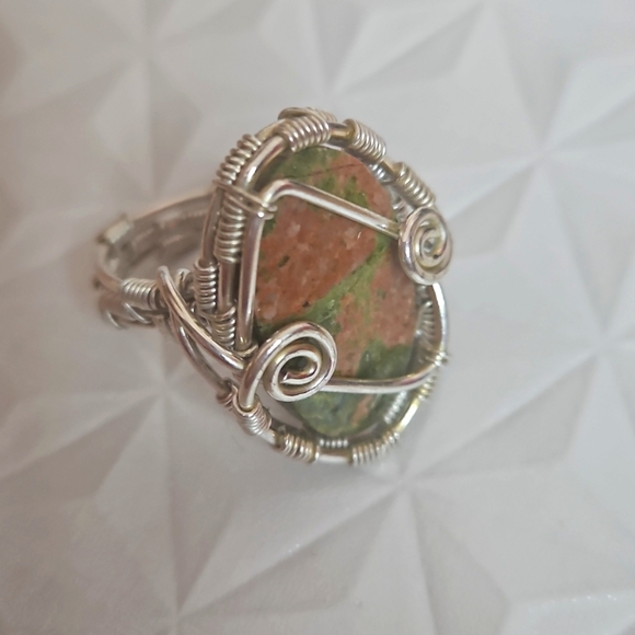 Unakite Gemstone Ring Wrapped In Silver Wire, Sz 8 - Picture 2 of 5